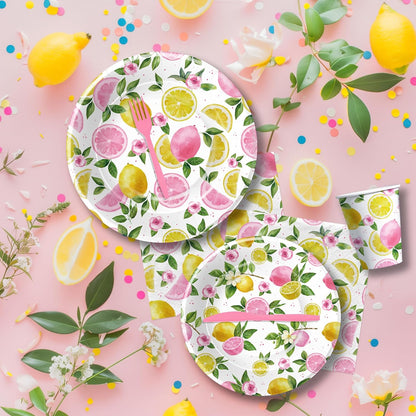 Lemon Party Decorations Tableware For Girls, Summer Pink Lemon Birthday Party Supplies, Disposable Paper Plate, Napkin, Cup, Cutlery, for Birthday Baby Shower Bridal Shower, 24 Guests