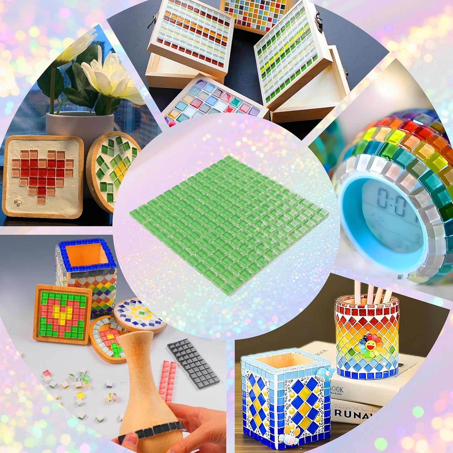 169 Particles Self-Adhesive 0.4X0.4 Inch Square Mosaic Tile. Hobbies Children Handmade Crystal Glass Tiles, Art Crafts, Mosaic Making Projects, Home Decoration DIY Art Projects (Yellow)
