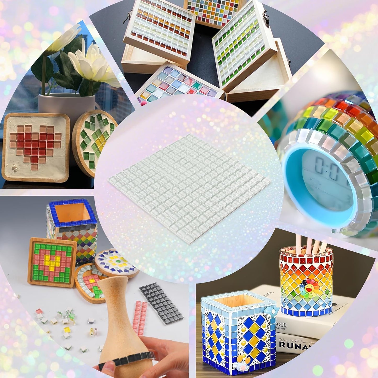 169 Particles Self-Adhesive 0.4X0.4 Inch Square Mosaic Tile. Hobbies Children Handmade Crystal Glass Tiles, Art Crafts, Mosaic Making Projects, Home Decoration DIY Art Projects (Yellow)