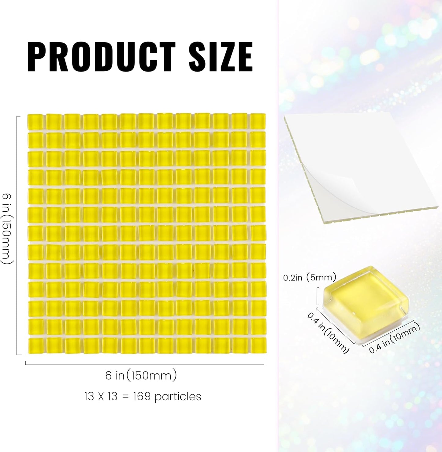 169 Particles Self-Adhesive 0.4X0.4 Inch Square Mosaic Tile. Hobbies Children Handmade Crystal Glass Tiles, Art Crafts, Mosaic Making Projects, Home Decoration DIY Art Projects (Yellow)