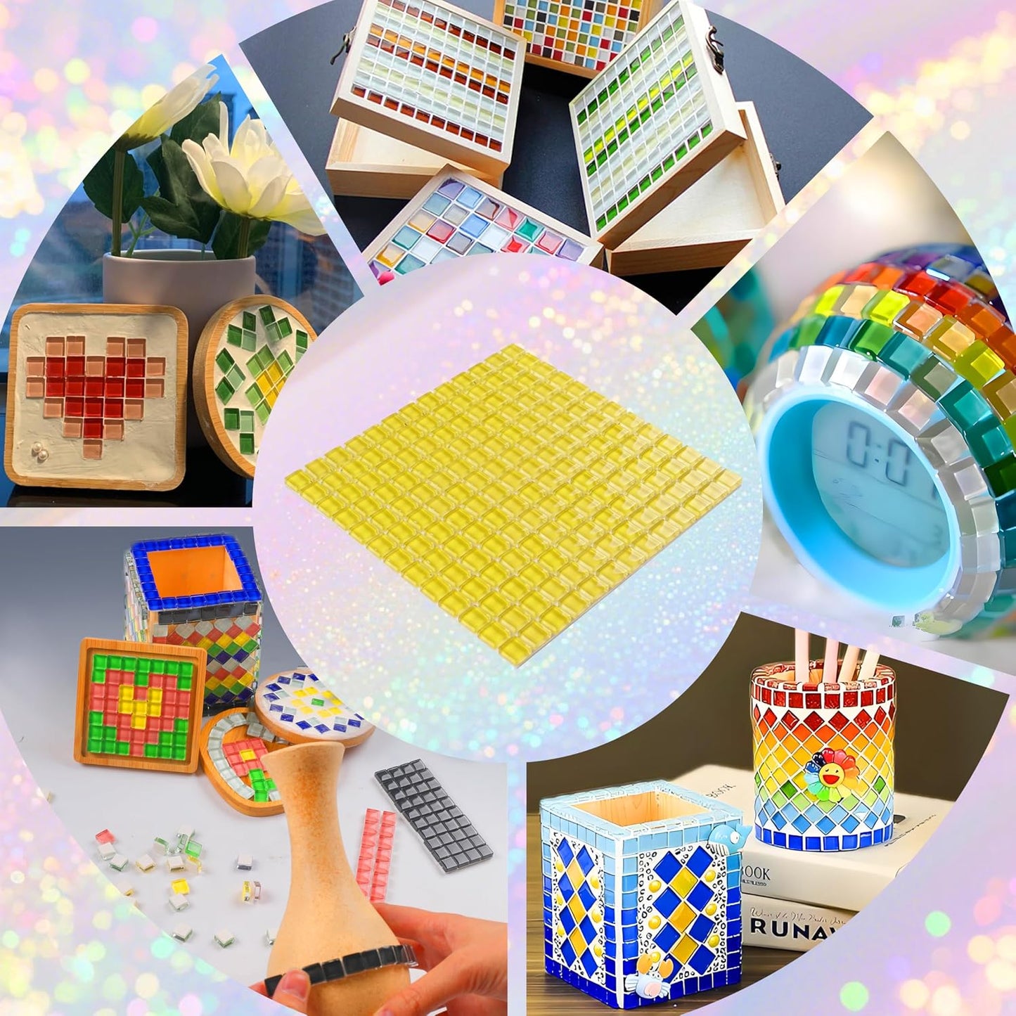 169 Particles Self-Adhesive 0.4X0.4 Inch Square Mosaic Tile. Hobbies Children Handmade Crystal Glass Tiles, Art Crafts, Mosaic Making Projects, Home Decoration DIY Art Projects (Yellow)
