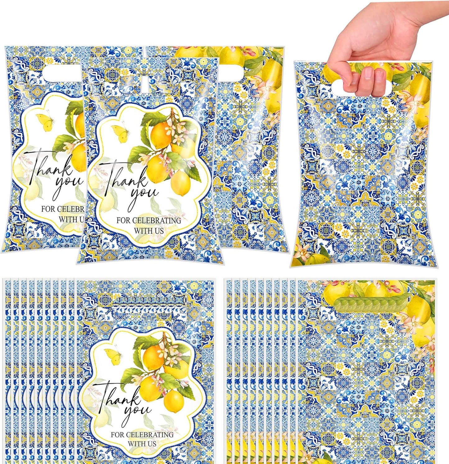 Capri Lemon Gift Bag - 50 Pcs Amalfi Coast Large Plastic Goodie | Treat Party Favors Candy Bulk with Handles Mediterranean Blue Tiles Decorations Decor Supplies for Birthday Bridal Shower