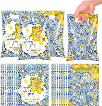 Capri Lemon Gift Bag - 50 Pcs Amalfi Coast Large Plastic Goodie | Treat Party Favors Candy Bulk with Handles Mediterranean Blue Tiles Decorations Decor Supplies for Birthday Bridal Shower