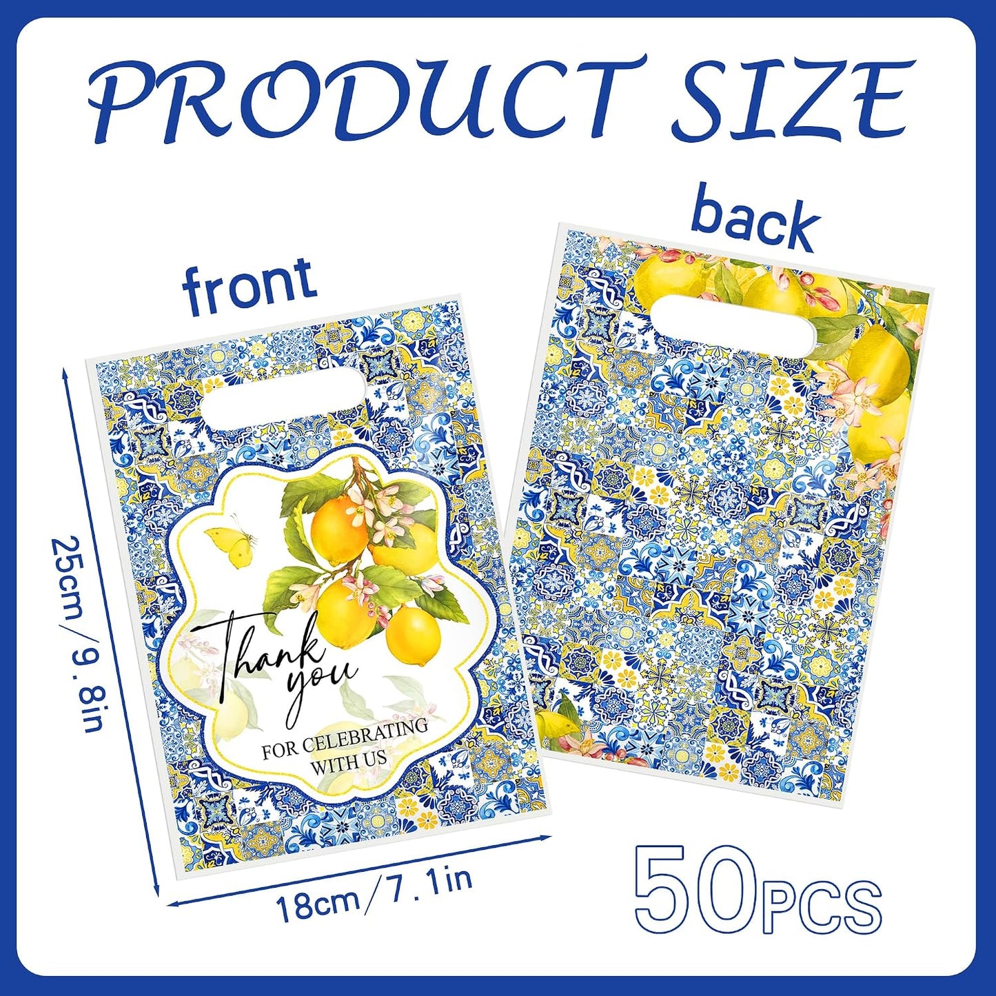 Capri Lemon Gift Bag - 50 Pcs Amalfi Coast Large Plastic Goodie | Treat Party Favors Candy Bulk with Handles Mediterranean Blue Tiles Decorations Decor Supplies for Birthday Bridal Shower