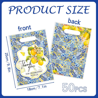Capri Lemon Gift Bag - 50 Pcs Amalfi Coast Large Plastic Goodie | Treat Party Favors Candy Bulk with Handles Mediterranean Blue Tiles Decorations Decor Supplies for Birthday Bridal Shower