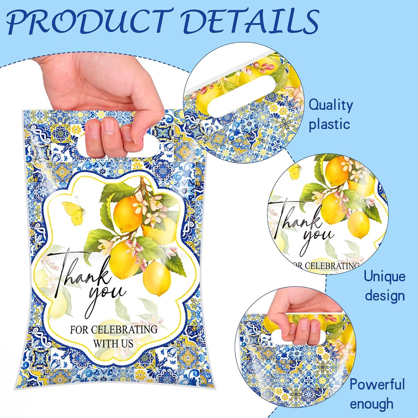 Capri Lemon Gift Bag - 50 Pcs Amalfi Coast Large Plastic Goodie | Treat Party Favors Candy Bulk with Handles Mediterranean Blue Tiles Decorations Decor Supplies for Birthday Bridal Shower