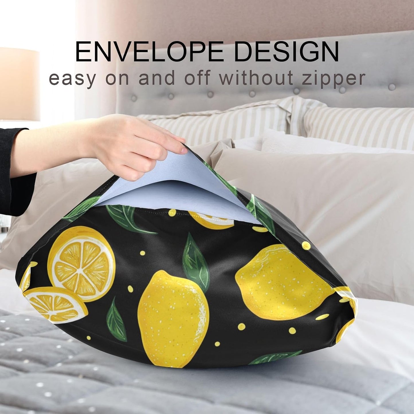 Lemons Yellow Satin Pillowcase with Envelope Closure Green Black Standard Size Pillow Case, Silky Pillow Cover for Home Bedroom Sofa 20x26 in