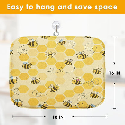 Sanwarm Absorbent Dish Drying Mat, Honey Baby Cute Yellow Bees Microfiber Pad for Kitchen Counter, Coffee Bar Decor, Heat Resistant and Reversible, 16" x 18"