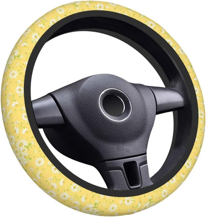 Steering Wheel Cover 15 Inch Breathable Anti Slip, Yellow Chamomile | Neoprene, Cute Auto Interior Decor, Universal Fit,for Men Women