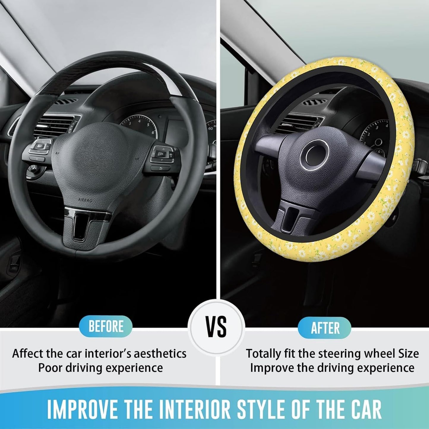 Steering Wheel Cover 15 Inch Breathable Anti Slip, Yellow Chamomile | Neoprene, Cute Auto Interior Decor, Universal Fit,for Men Women