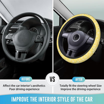 Steering Wheel Cover 15 Inch Breathable Anti Slip, Yellow Chamomile | Neoprene, Cute Auto Interior Decor, Universal Fit,for Men Women