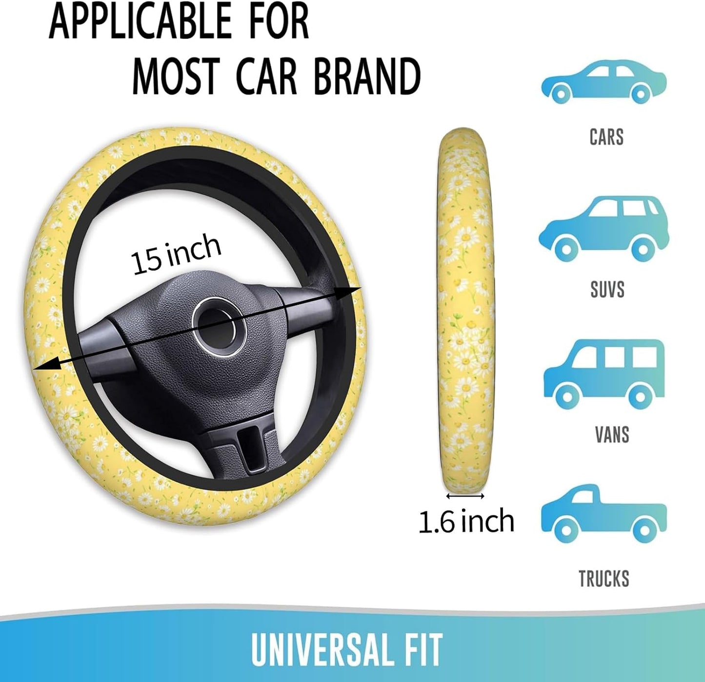 Steering Wheel Cover 15 Inch Breathable Anti Slip, Yellow Chamomile | Neoprene, Cute Auto Interior Decor, Universal Fit,for Men Women