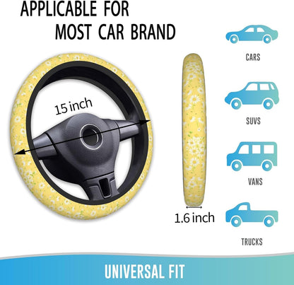 Steering Wheel Cover 15 Inch Breathable Anti Slip, Yellow Chamomile | Neoprene, Cute Auto Interior Decor, Universal Fit,for Men Women