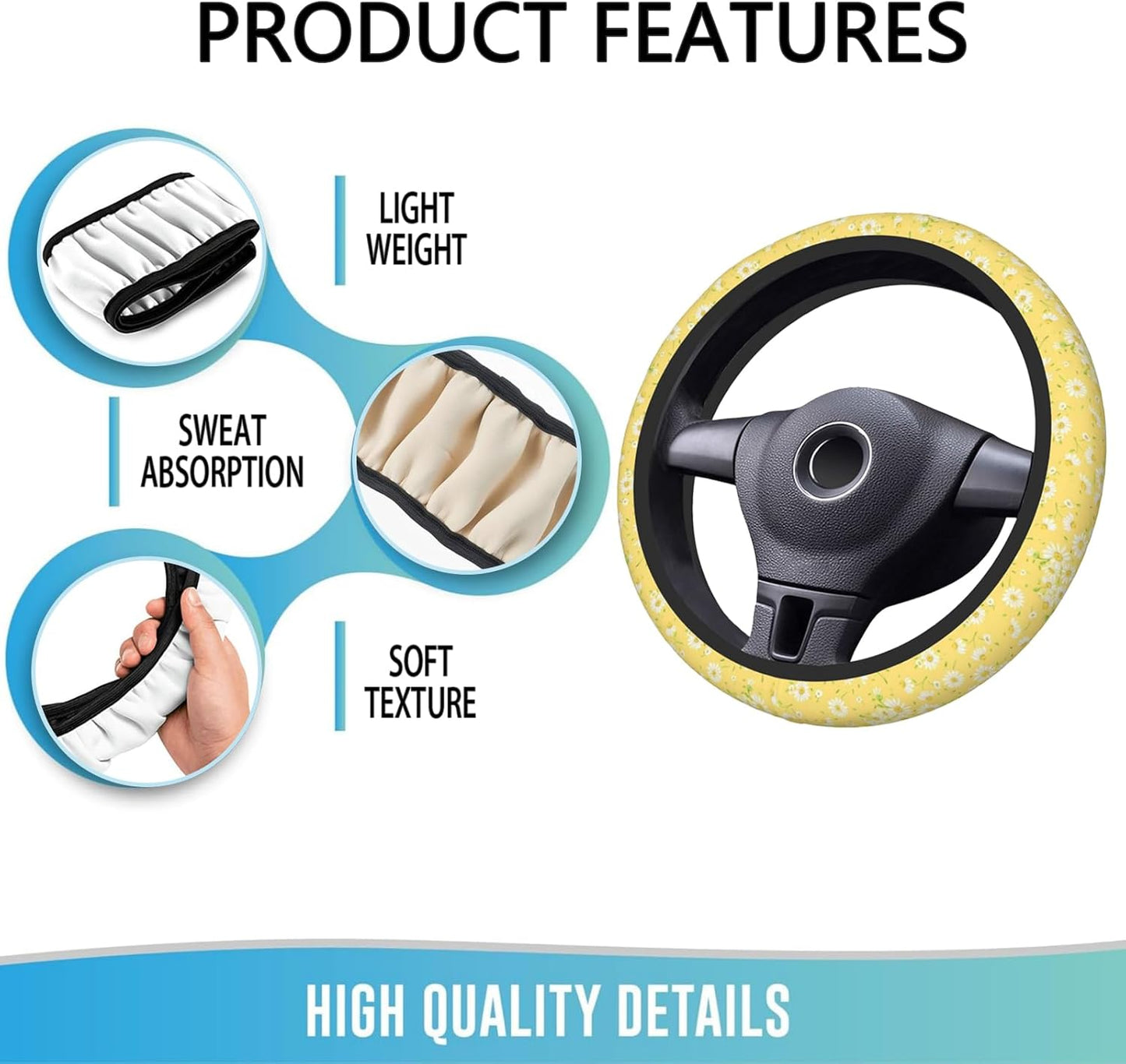 Steering Wheel Cover 15 Inch Breathable Anti Slip, Yellow Chamomile | Neoprene, Cute Auto Interior Decor, Universal Fit,for Men Women