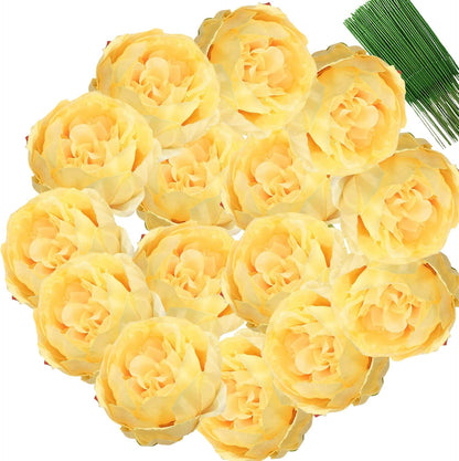 25 Pcs Silk Peony Artificial Flower Heads 4 inch Fake Peony Flowers Heads with Stems Artificial Peony Flower Heads in Bulk Wholesale for Wedding Home Decor (Yellow)