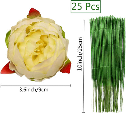 25 Pcs Silk Peony Artificial Flower Heads 4 inch Fake Peony Flowers Heads with Stems Artificial Peony Flower Heads in Bulk Wholesale for Wedding Home Decor (Yellow)
