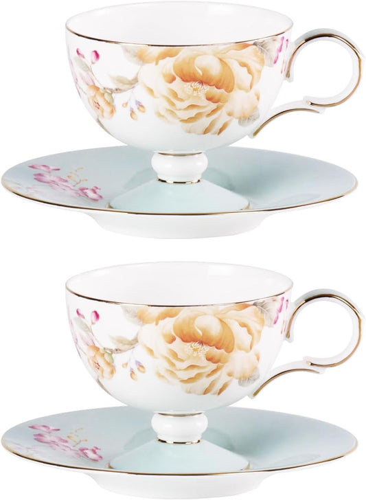 Tea Cups Set of 2,Ceramic Floral Pattern Demitasse Cup | Porcelain Espresso Cup with Saucer, 7.44 oz Handmade Elegant Bone China Tea Cups for Latte, Americano, Cappuccino