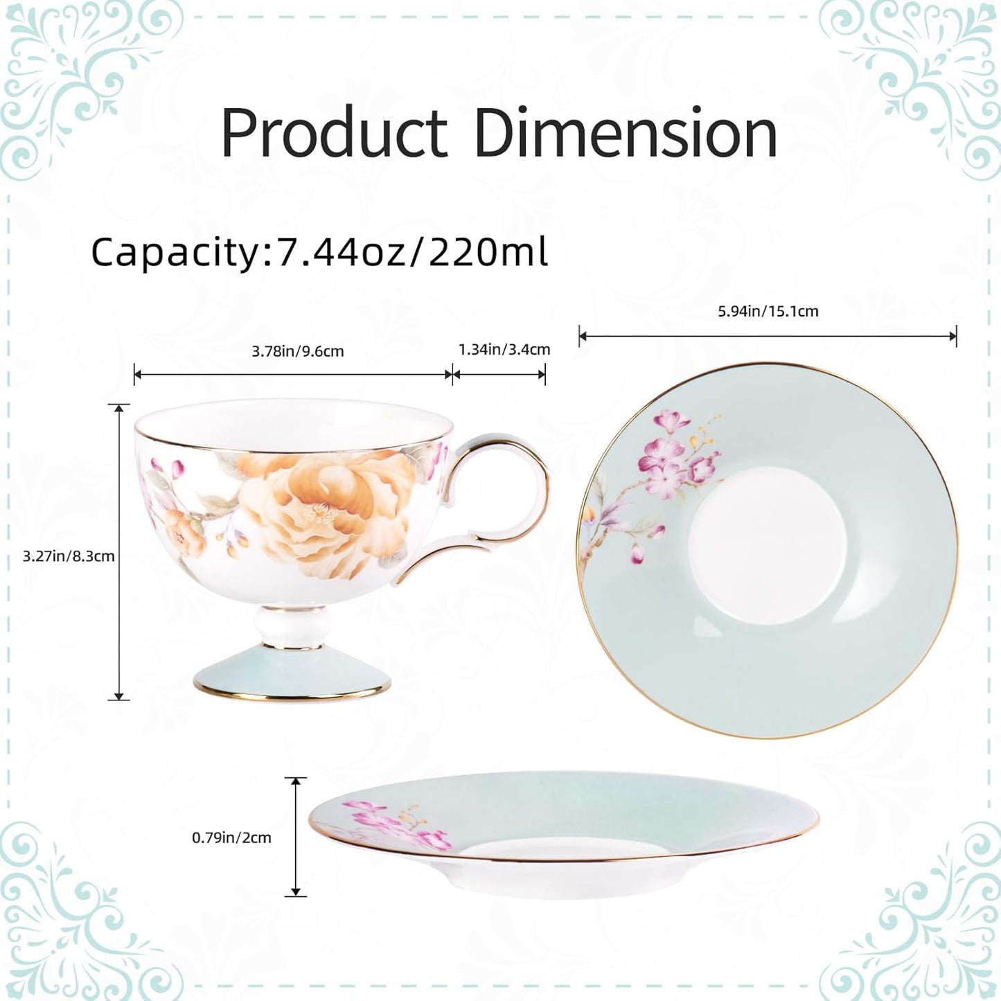 Tea Cups Set of 2,Ceramic Floral Pattern Demitasse Cup | Porcelain Espresso Cup with Saucer, 7.44 oz Handmade Elegant Bone China Tea Cups for Latte, Americano, Cappuccino