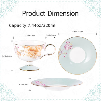Tea Cups Set of 2,Ceramic Floral Pattern Demitasse Cup | Porcelain Espresso Cup with Saucer, 7.44 oz Handmade Elegant Bone China Tea Cups for Latte, Americano, Cappuccino