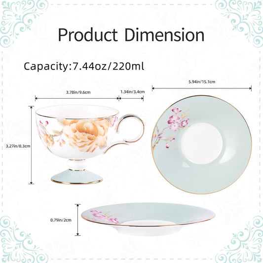 Tea Cups Set of 2,Ceramic Floral Pattern Demitasse Cup | Porcelain Espresso Cup with Saucer, 7.44 oz Handmade Elegant Bone China Tea Cups for Latte, Americano, Cappuccino