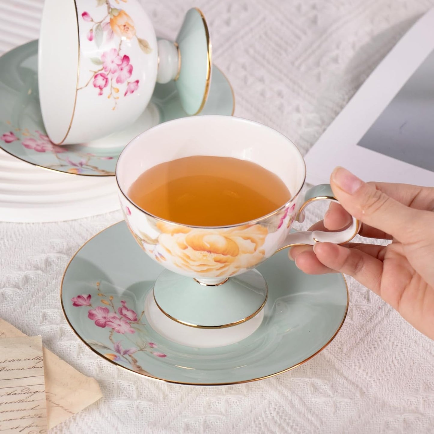 Tea Cups Set of 2,Ceramic Floral Pattern Demitasse Cup | Porcelain Espresso Cup with Saucer, 7.44 oz Handmade Elegant Bone China Tea Cups for Latte, Americano, Cappuccino