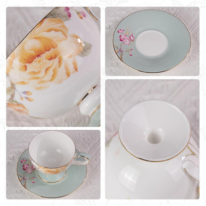 Tea Cups Set of 2,Ceramic Floral Pattern Demitasse Cup | Porcelain Espresso Cup with Saucer, 7.44 oz Handmade Elegant Bone China Tea Cups for Latte, Americano, Cappuccino