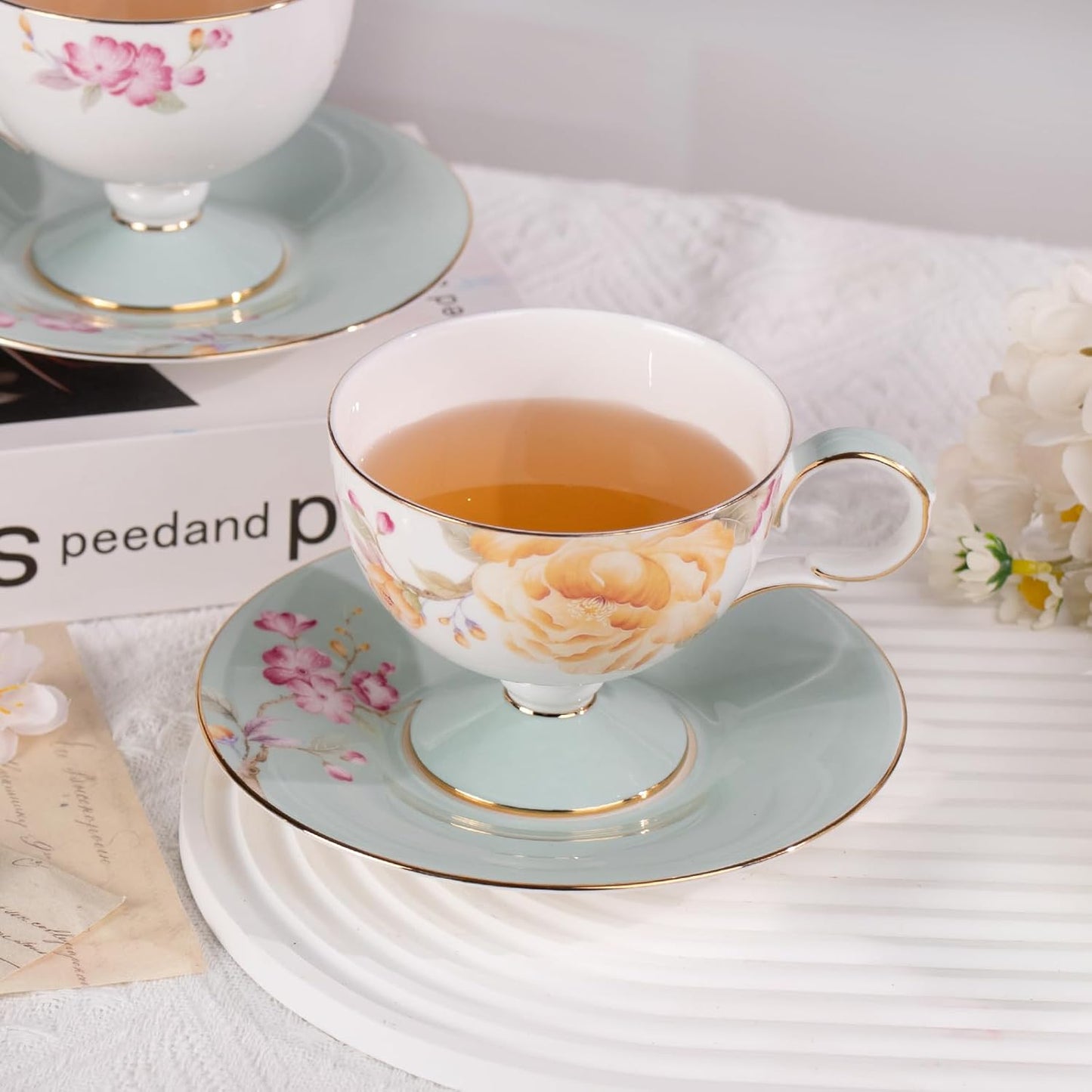 Tea Cups Set of 2,Ceramic Floral Pattern Demitasse Cup | Porcelain Espresso Cup with Saucer, 7.44 oz Handmade Elegant Bone China Tea Cups for Latte, Americano, Cappuccino