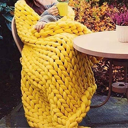 Soft Chunky Knit Blanket Handwoven Throw Cozy Warm Blanket Wool Blend Arm Knit Throw Hand Knitting for Couch Bed Sofa Home Decor Gift,Yellow,50x50cm(20x20inch)