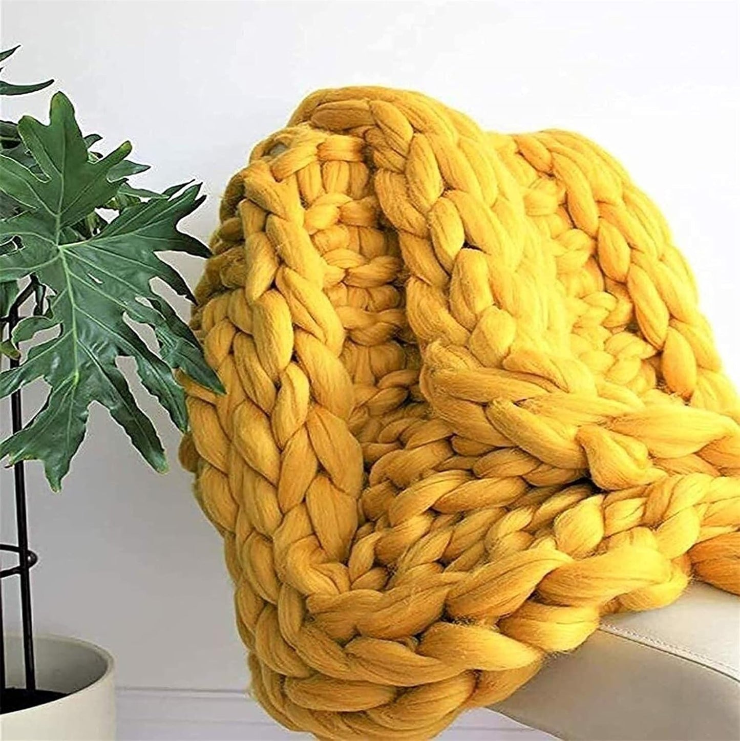 Soft Chunky Knit Blanket Handwoven Throw Cozy Warm Blanket Wool Blend Arm Knit Throw Hand Knitting for Couch Bed Sofa Home Decor Gift,Yellow,50x50cm(20x20inch)