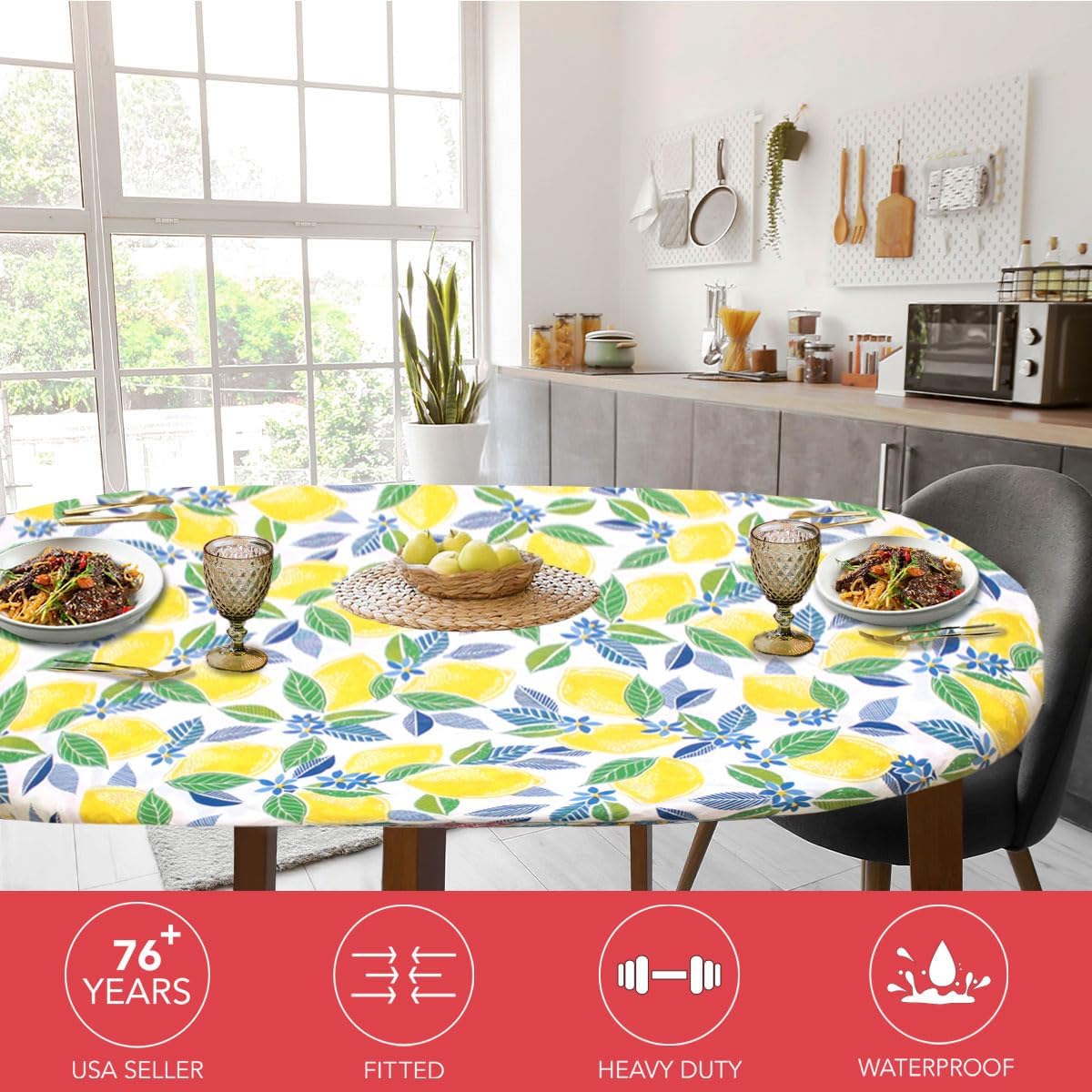 Covers For The Home Deluxe Elastic Edged Flannel Backed Vinyl Fitted Table Cover - Contemporary Lemon Pattern - Round Oblong Oval- Fits Tables up to 48" W x 68" L