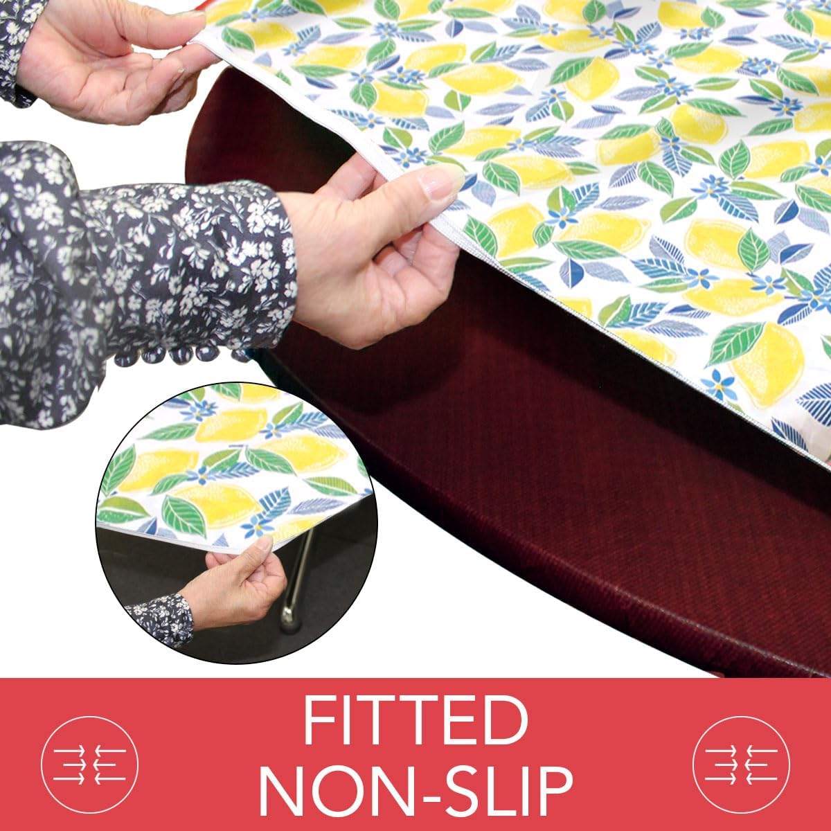 Covers For The Home Deluxe Elastic Edged Flannel Backed Vinyl Fitted Table Cover - Contemporary Lemon Pattern - Round Oblong Oval- Fits Tables up to 48" W x 68" L