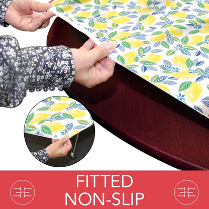 Covers For The Home Deluxe Elastic Edged Flannel Backed Vinyl Fitted Table Cover - Contemporary Lemon Pattern - Round Oblong Oval- Fits Tables up to 48" W x 68" L