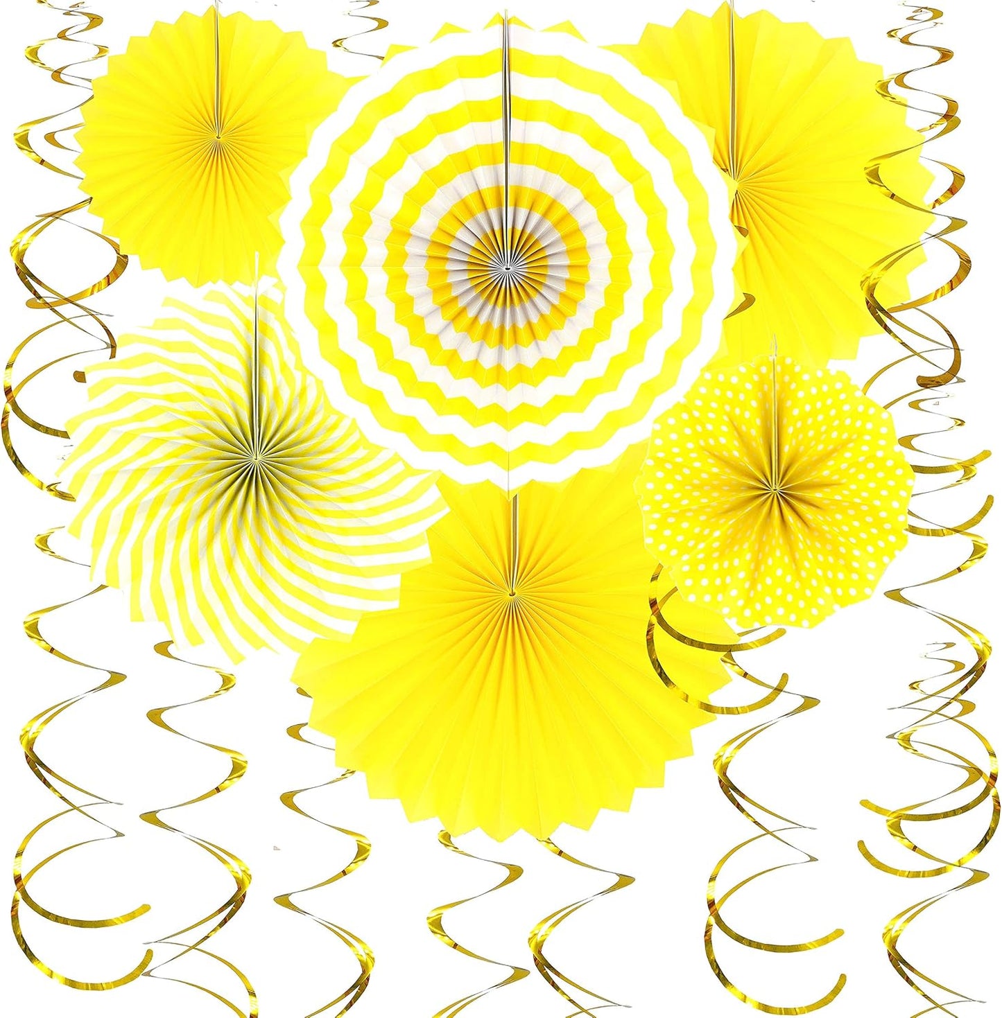 Yellow Hanging Paper Fans Decorations Gold Swirls Ceiling Hangings Decorations Baby Shower Birthday Wedding Engagement Party New Years Decorations, 20pc