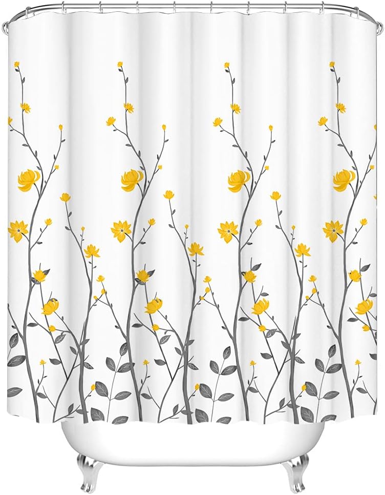 Yellow Flowers Bathroom Shower Curtain Yellow Floral with Grey Leaves Bath Curtain White Pattern Fabric Bathroom Accessories with 12 Hooks 72"x72"