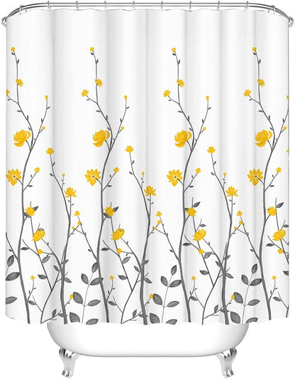 Yellow Flowers Bathroom Shower Curtain Yellow Floral with Grey Leaves Bath Curtain White Pattern Fabric Bathroom Accessories with 12 Hooks 72"x72"