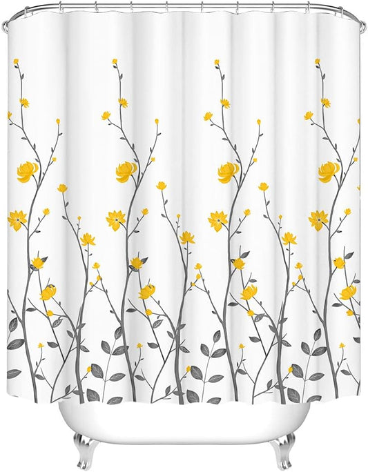 Yellow Flowers Bathroom Shower Curtain Yellow Floral with Grey Leaves Bath Curtain White Pattern Fabric Bathroom Accessories with 12 Hooks 72"x72"