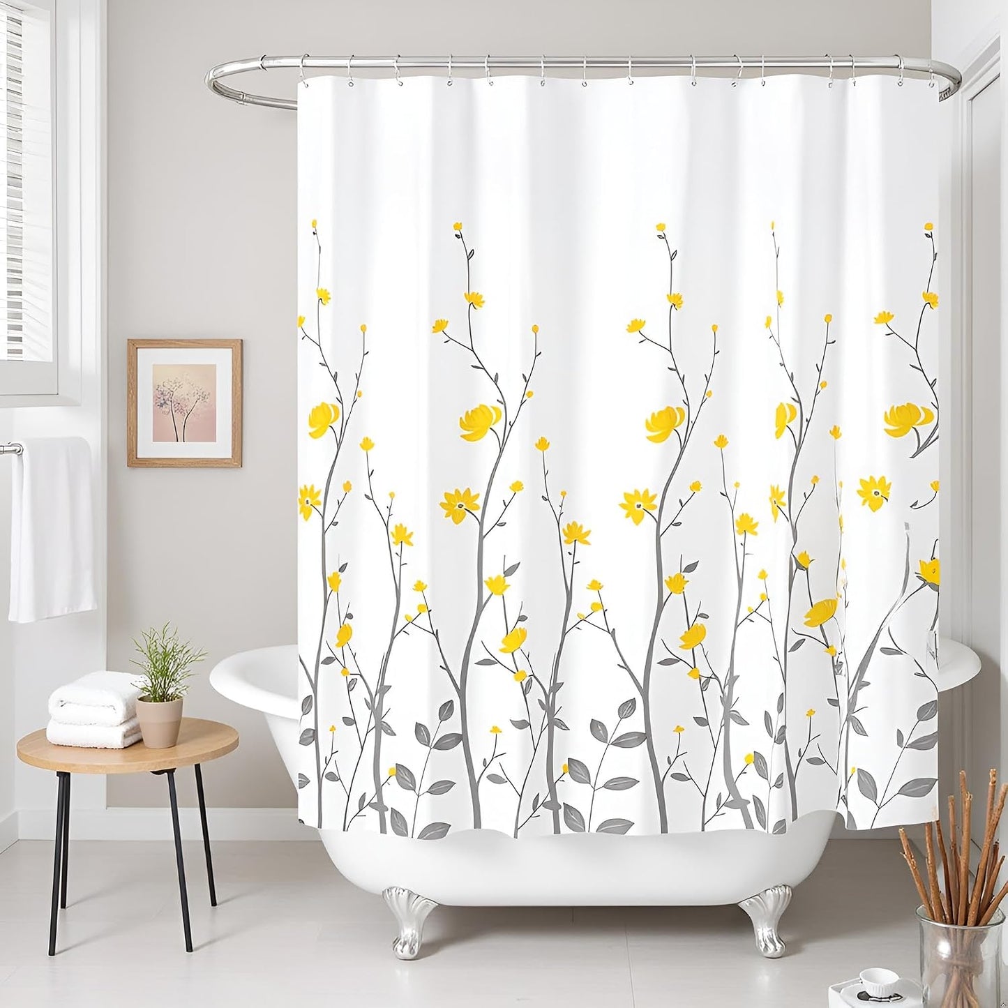 Yellow Flowers Bathroom Shower Curtain Yellow Floral with Grey Leaves Bath Curtain White Pattern Fabric Bathroom Accessories with 12 Hooks 72"x72"