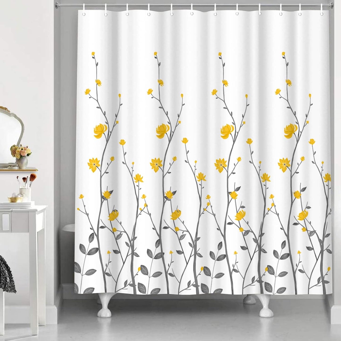 Yellow Flowers Bathroom Shower Curtain Yellow Floral with Grey Leaves Bath Curtain White Pattern Fabric Bathroom Accessories with 12 Hooks 72"x72"