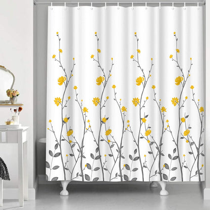 Yellow Flowers Bathroom Shower Curtain Yellow Floral with Grey Leaves Bath Curtain White Pattern Fabric Bathroom Accessories with 12 Hooks 72"x72"