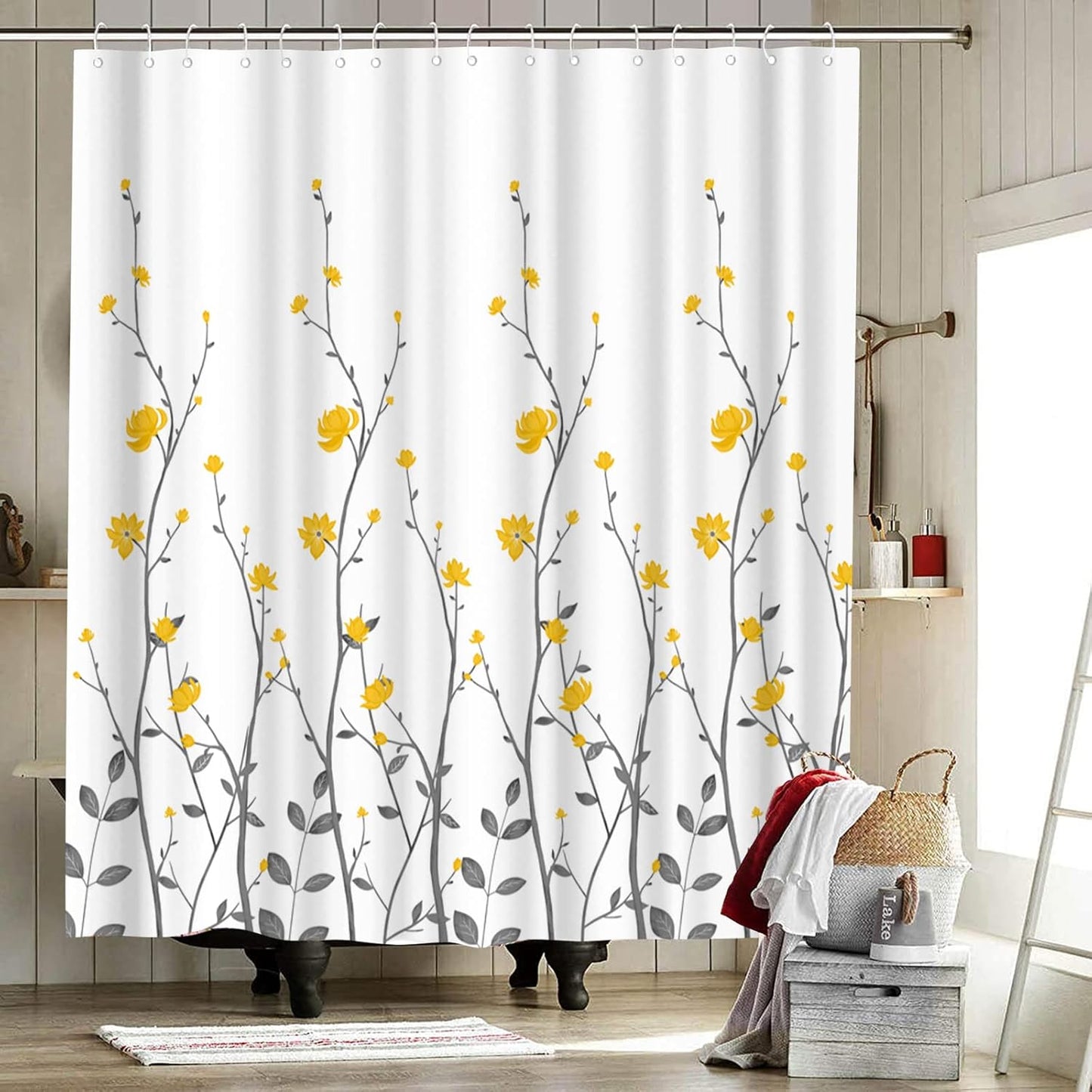 Yellow Flowers Bathroom Shower Curtain Yellow Floral with Grey Leaves Bath Curtain White Pattern Fabric Bathroom Accessories with 12 Hooks 72"x72"
