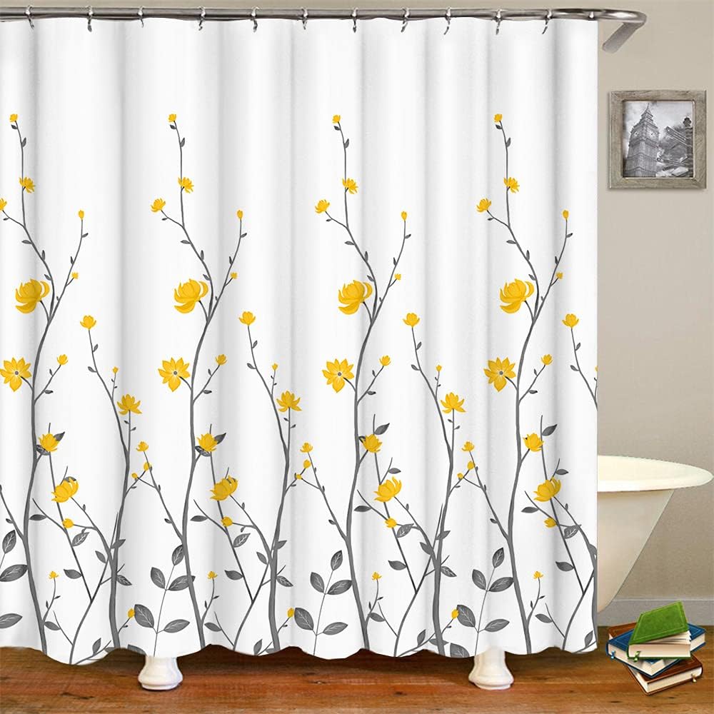 Yellow Flowers Bathroom Shower Curtain Yellow Floral with Grey Leaves Bath Curtain White Pattern Fabric Bathroom Accessories with 12 Hooks 72"x72"