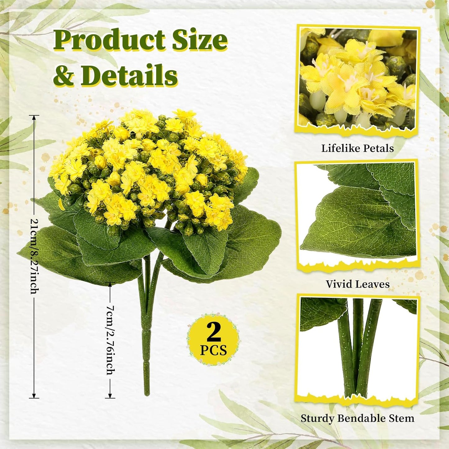 2 Pack Kalanchoe Artificial Flowers 8.3" Yellow Faux Silk Flowers Artificial Kalanchoe Plants for Home Office Kitchen Shelf Desk Bathroom Decoration