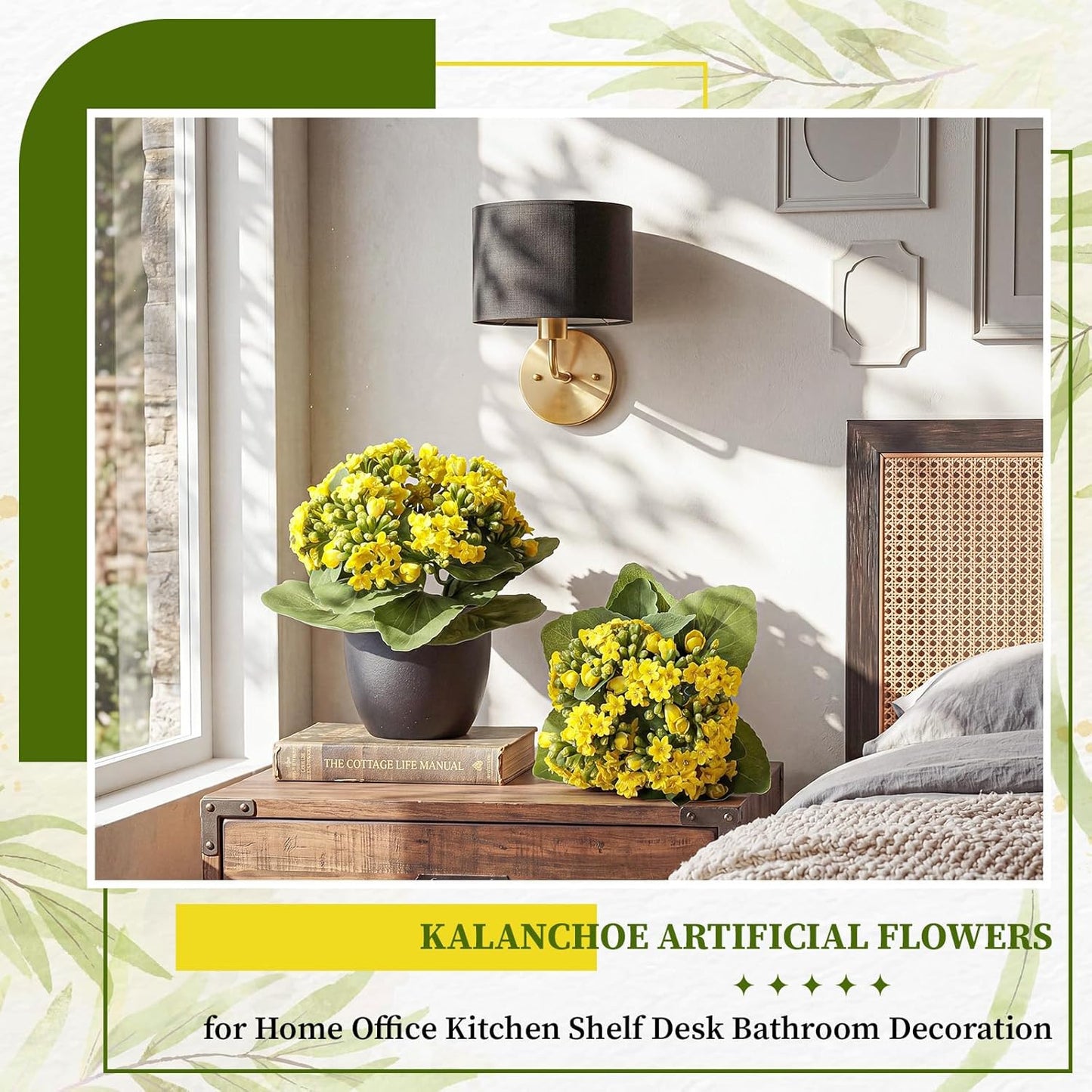 2 Pack Kalanchoe Artificial Flowers 8.3" Yellow Faux Silk Flowers Artificial Kalanchoe Plants for Home Office Kitchen Shelf Desk Bathroom Decoration