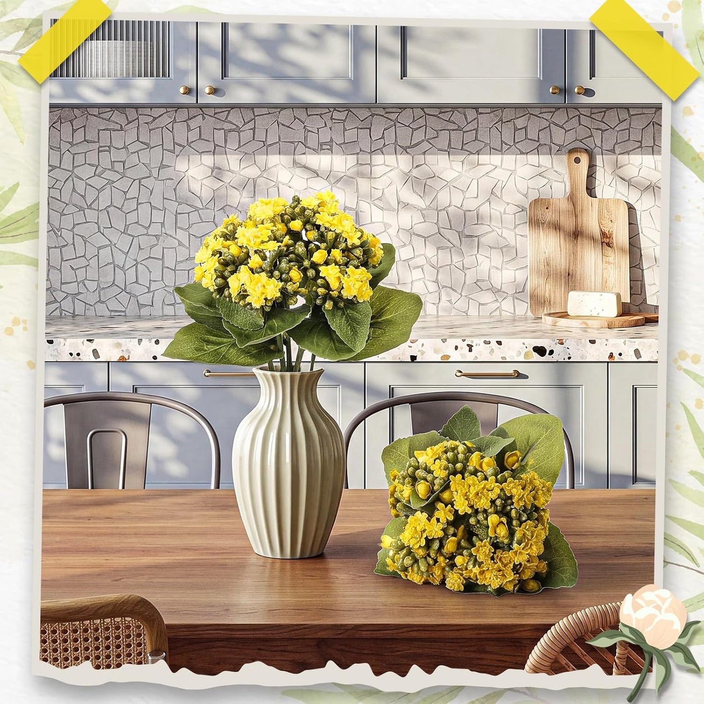 2 Pack Kalanchoe Artificial Flowers 8.3" Yellow Faux Silk Flowers Artificial Kalanchoe Plants for Home Office Kitchen Shelf Desk Bathroom Decoration