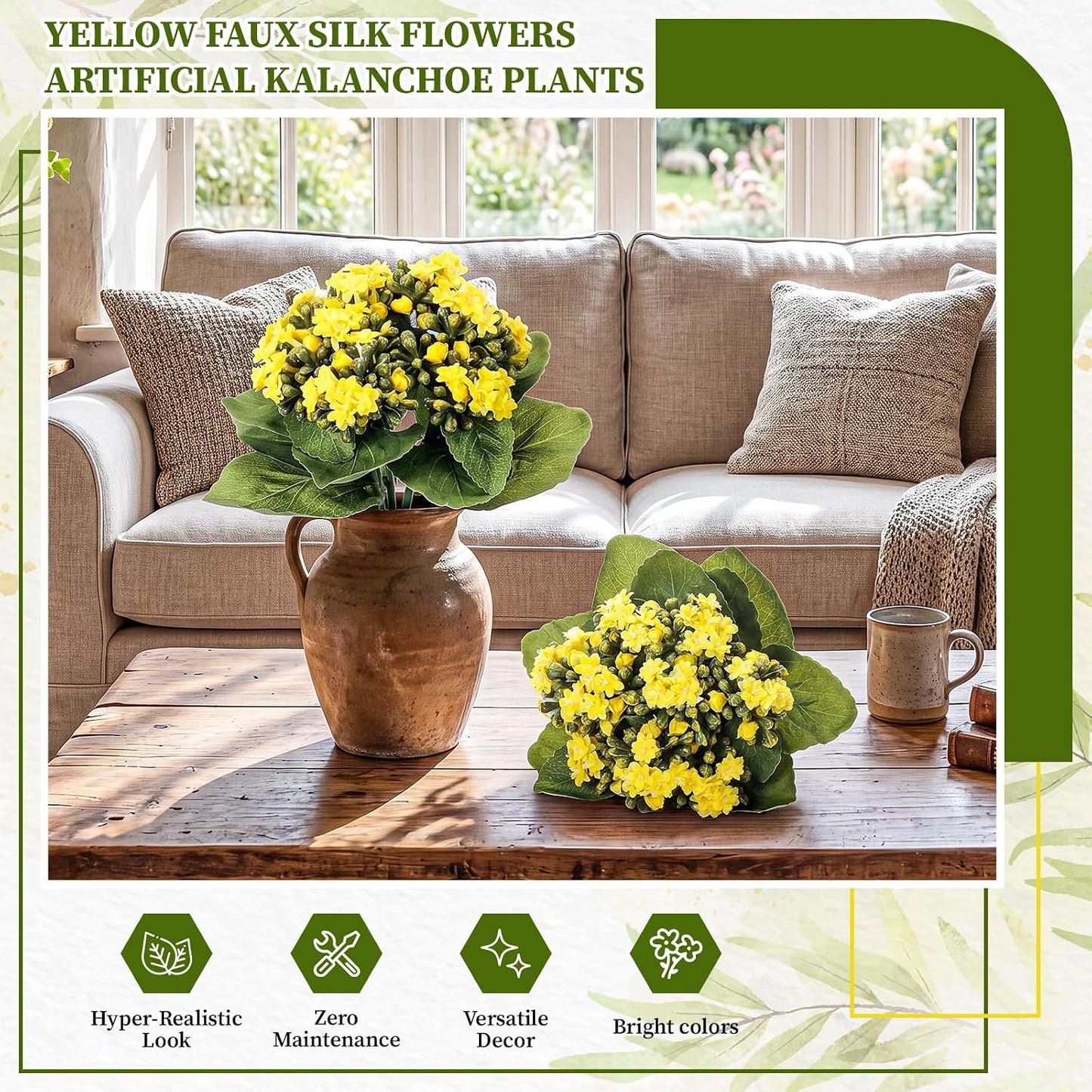 2 Pack Kalanchoe Artificial Flowers 8.3" Yellow Faux Silk Flowers Artificial Kalanchoe Plants for Home Office Kitchen Shelf Desk Bathroom Decoration
