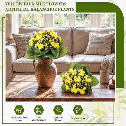 2 Pack Kalanchoe Artificial Flowers 8.3" Yellow Faux Silk Flowers Artificial Kalanchoe Plants for Home Office Kitchen Shelf Desk Bathroom Decoration