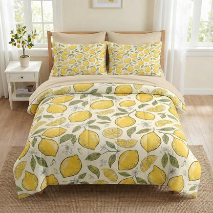 Comforter Set Full Size, Lemon Citrus Summer 7 Pcs Bedding for Kids and Adults, Yellow Botanical Bed Sheet Sets with Fitted Sheet 2 Pillowcases & 2 Shams for Bedroom Bed Decor