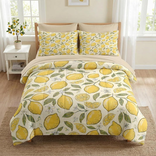 Comforter Set Full Size, Lemon Citrus Summer 7 Pcs Bedding for Kids and Adults, Yellow Botanical Bed Sheet Sets with Fitted Sheet 2 Pillowcases & 2 Shams for Bedroom Bed Decor