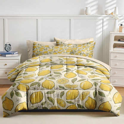Comforter Set Full Size, Lemon Citrus Summer 7 Pcs Bedding for Kids and Adults, Yellow Botanical Bed Sheet Sets with Fitted Sheet 2 Pillowcases & 2 Shams for Bedroom Bed Decor