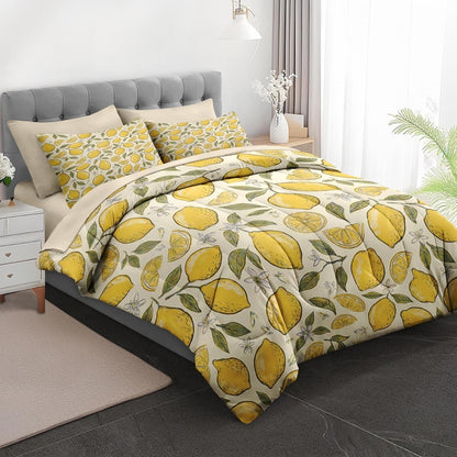 Comforter Set Full Size, Lemon Citrus Summer 7 Pcs Bedding for Kids and Adults, Yellow Botanical Bed Sheet Sets with Fitted Sheet 2 Pillowcases & 2 Shams for Bedroom Bed Decor